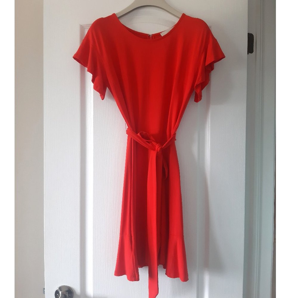 Loft Coral Red Dress with Ruffles and Tie Bow